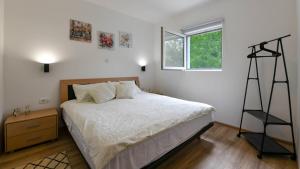 a bedroom with a bed with a ladder next to a window at Guesthouse Spektar in Irinovac