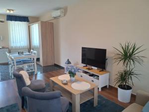 a living room with a tv and a table and chairs at Blue Iris Apartment in Kecskemét