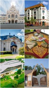 a collage of pictures of a large building at Blue Iris Apartment in Kecskemét