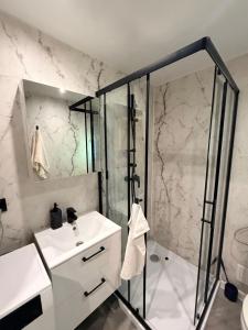 a bathroom with a white sink and a shower at Ubytovanie Lišov 3 - Tiny House in Lišov