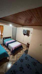 a bedroom with two beds and a flat screen tv at Hotel Casaloma in Florián