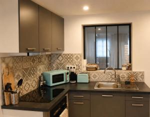 a kitchen with a sink and a microwave at Home Dream/Erstein/3P/60m2 in Erstein +7 photos