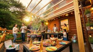 a group of people standing around a table with food at ログハウス SakuraFamiliar in Kawazu