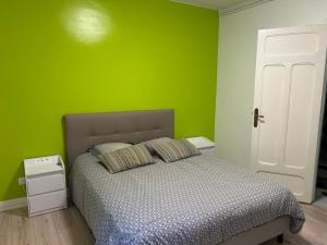 a bedroom with green walls and a bed with pillows at Le charme d'othe in Bellechaume +45 photos