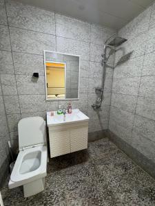 a bathroom with a sink and a toilet and a mirror at Elit Hotel in Mingachevir