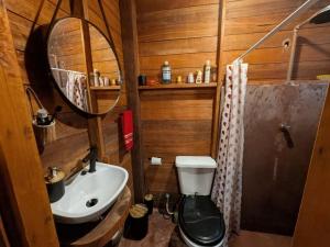 a bathroom with a sink and a mirror and a toilet at Chalé da Mata, Ilha de Cotijuba in Belém