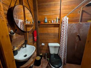 a bathroom with a sink and a mirror and a toilet at Chalé da Mata, Ilha de Cotijuba in Belém