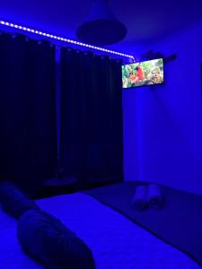 a blue room with a bed and a tv at Cicha Przystań w Centrum -Mała Sienkiewicza in Kielce