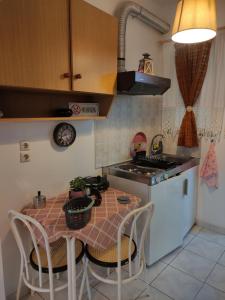 a kitchen with a table with chairs and a stove at Alisaxni Studios in Pefki +12 photos