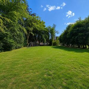 a large grassy field with a goal in the distance at Spacious manor house with pool & playground in Essen