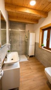 a bathroom with a shower and a sink and a toilet at Domki na Szlaku in Brenna +46 photos
