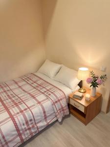 a bedroom with a bed and a table with a lamp at Relax garden area with BBQ zone in Yerevan