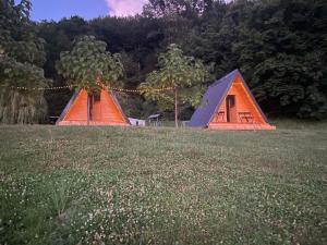 two tents in a field with trees in the background at Hiška Timi in Malečnik