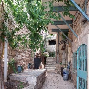 an alley with stairs and a stone building with a blue door at The Essence Tzimer in Safed