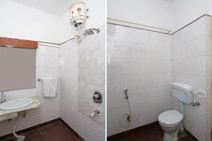 two pictures of a bathroom with a toilet and a shower at Hotel O Midtown in Raipur