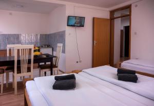 a room with two beds and a table with a television on the wall at Modex Apartments in Paraćin