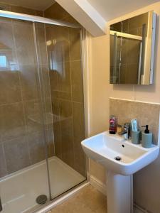 a bathroom with a sink and a shower at The Old Tredegar in Gwys Station +23 photos