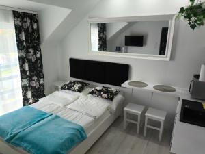 a small bedroom with a bed and a mirror at VILLA KINGA ROWy in Rowy