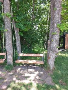 a swing hanging from two trees in a park at Kechi home 6 in Tsaghkadzor