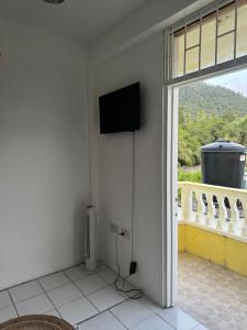 a living room with a flat screen tv on a wall at Papaya Condo in Portsmouth