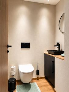 a bathroom with a toilet and a sink at NEU ab Juli 2026 - Apart Kneringer in Prutz +20 photos