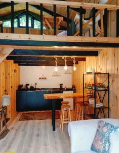 a kitchen with a black island in a room with wooden walls at Kaçkin House ayder in Çamlıhemşin