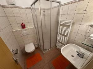 a bathroom with a shower and a sink and a toilet at Max and Moritz Top 7 in Liebenau