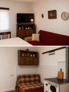 a living room with a red couch and a stove at Old lake house in Nikšić