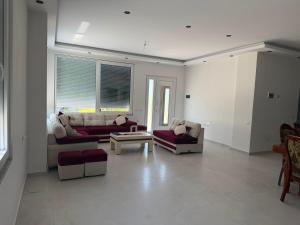 a living room with two couches and a coffee table at Villa Hasani in Hamallë
