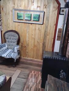 a living room with wood paneling and a chair at Hospedaje Alondra in Osorno