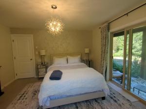 a bedroom with a large bed and a chandelier at Davidson Lake House in Sooke