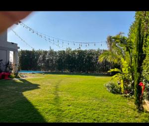 a yard with a green field with trees and lights at فيلا رامي رزق Luxury villa with private pool& complete privacy in 6th Of October