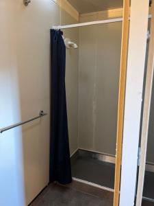 a walk in shower with a blue shower curtain at Welcome Bay Hot Pools in Tauranga +33 photos