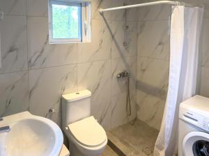 a bathroom with a toilet and a sink and a shower at Modern Comfort Apartment - Arkitsa Rentals in Arkitsa