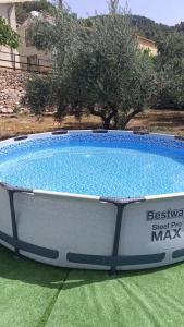 a large circular swimming pool on a green lawn at Casa Rural Arroyofrio Riópar in Caserío Arroyofrío