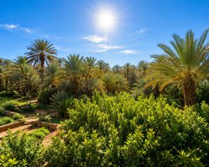 a garden with palm trees and bushes at Desert Stars Oasis in Aoufous