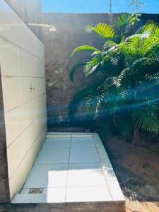a bathroom with a shower with a mural on the wall at Casa Lima in Imperatriz