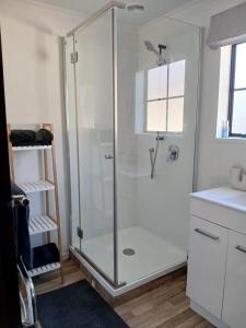 a shower with a glass door in a bathroom at Cardrona mountain cottage in Cardrona