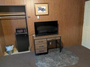 a room with a television on a wooden wall at Lang's Motel in Wabigoon