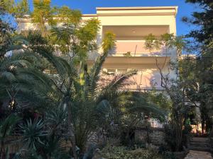 a building with palm trees in front of it at Apartments MiaMaja in Novalja
