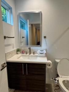 a bathroom with a sink and a toilet and a mirror at 1 full bed with En-Suite bath surrounded by greenery in Austin +2 photos