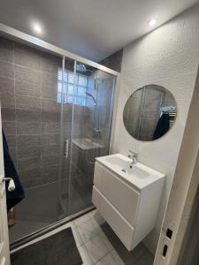 a bathroom with a shower and a sink and a mirror at Les ridens in Sangatte +21 photos