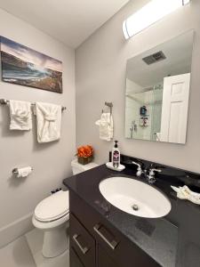 a bathroom with a sink and a toilet and a mirror at National Harbor Guesthouse in Fort Washington +47 photos