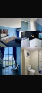 a collage of photos of a kitchen and a bathroom at apart iconmall SL in Singopadu
