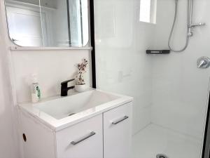 a white bathroom with a sink and a shower at Pretty Villa Close to St Clair Beach private parking in Dunedin +17 photos