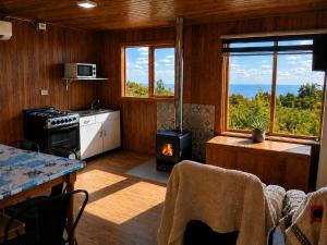 a living room with a stove and a stove top oven at El Urco Chiloé - Cabaña Guapilacuy in Ancud