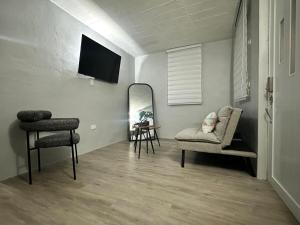 a living room with two chairs and a mirror at Gema del Mar, Vieques, PR in Vieques