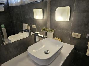 a bathroom with a white sink and a mirror at The Apple Inn in Batlow +42 photos