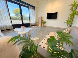 a living room with a couch and a tv and plants at 雀居民宿 in Yuli