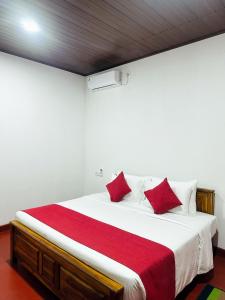 a bedroom with a large bed with red pillows at Sigiri Grand Villa in Sigiriya